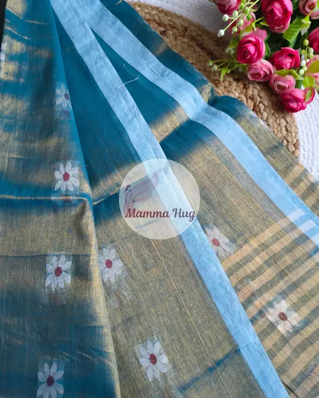 Cotton Tissue Saree with Machine Embroidery Design - Sea Blue