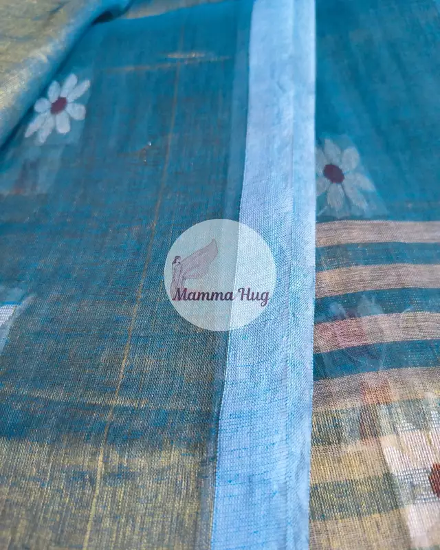 Cotton Tissue Saree with Machine Embroidery Design - Sea Blue