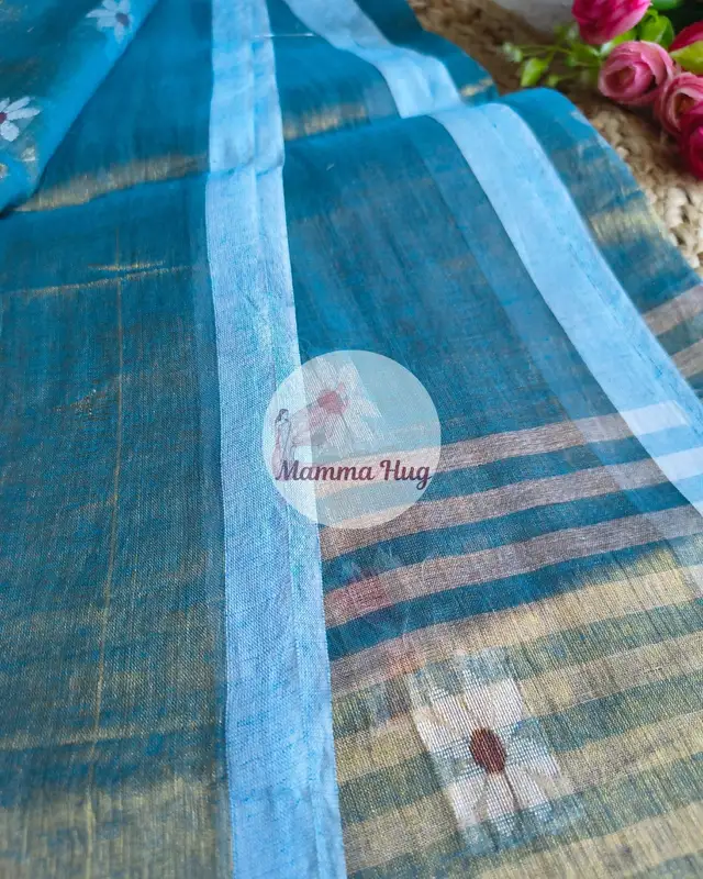 Cotton Tissue Saree with Machine Embroidery Design - Sea Blue