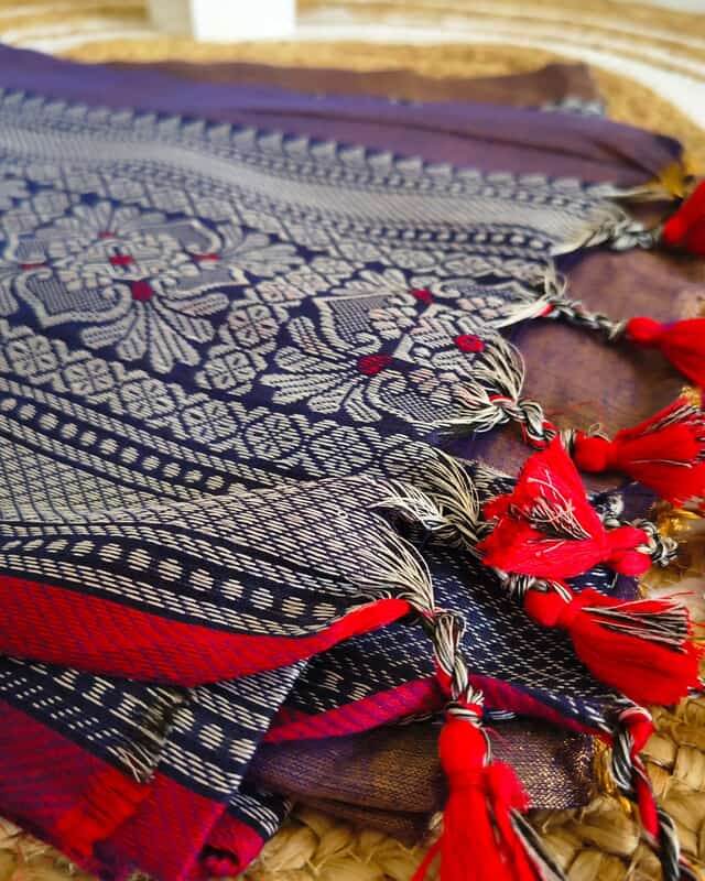 Khadi Tissue Handloom Saree with Thread Woven Border - Blue with Red