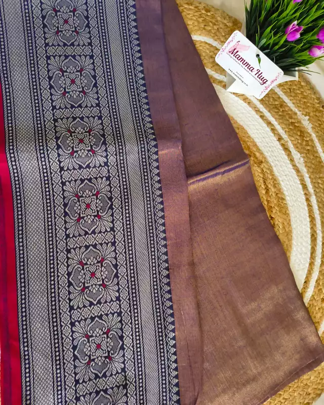 Khadi Tissue Handloom Saree with Thread Woven Border - Blue with Red