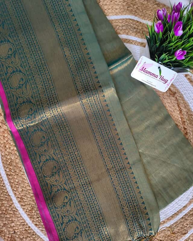 Khadi Tissue Handloom Saree with Thread Woven Border - Copper Green
