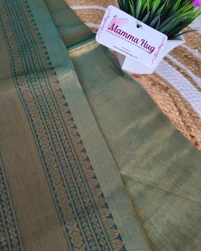 Khadi Tissue Handloom Saree with Thread Woven Border - Copper Green