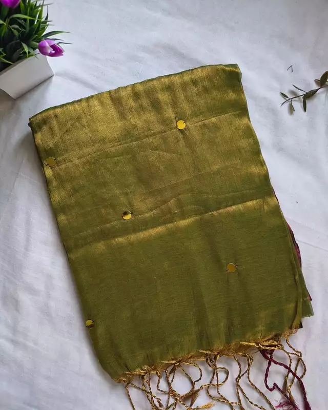 Pure Khadi Tissue Saree with Coin design - Mehandi Green