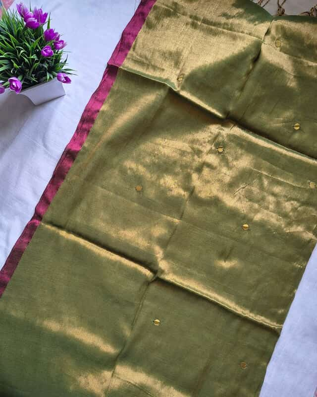Pure Khadi Tissue Saree with Coin design - Mehandi Green