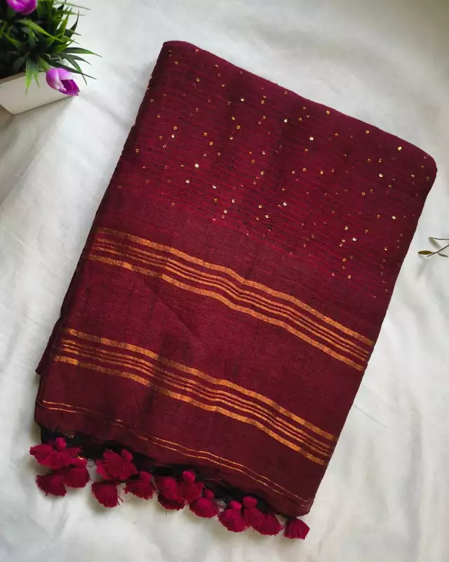 120s Linen by Linen Saree with Hand Woven Sequins - Maroon