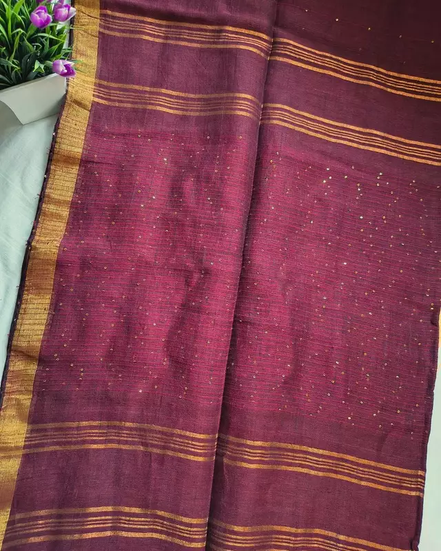120s Linen by Linen Saree with Hand Woven Sequins - Maroon