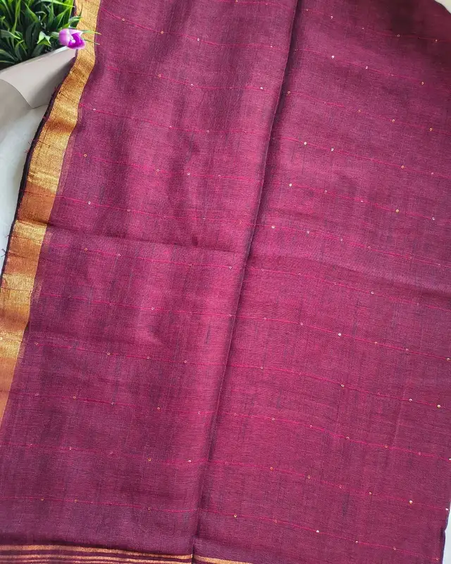 120s Linen by Linen Saree with Hand Woven Sequins - Maroon