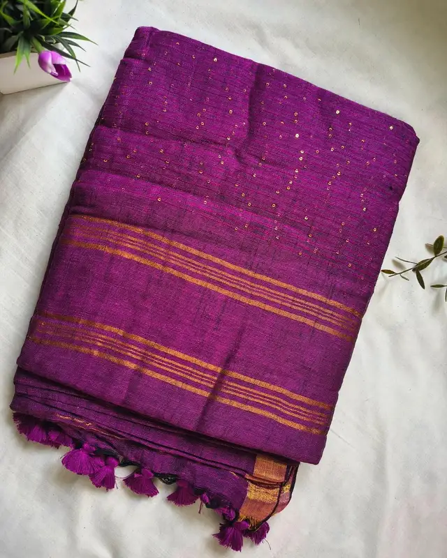 120s Linen by Linen Saree with Hand Woven Sequins - Purple