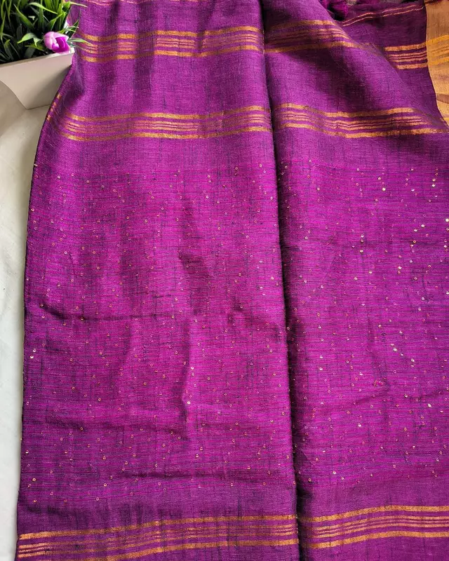120s Linen by Linen Saree with Hand Woven Sequins - Purple