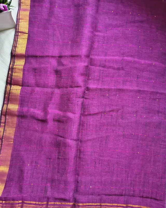 120s Linen by Linen Saree with Hand Woven Sequins - Purple