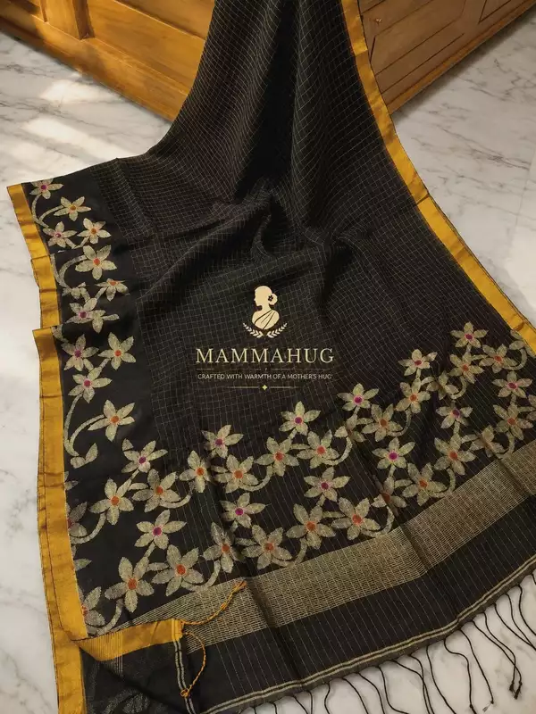 Linen By Linen Handloom Saree Floral Jamdhani Weaving - Black