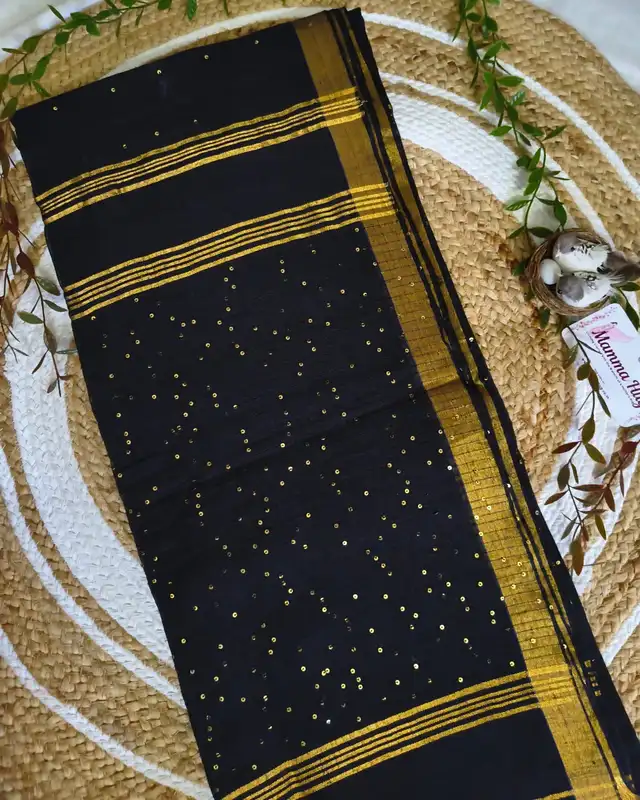 120s Linen by Linen Saree with Hand Woven Sequins - Black