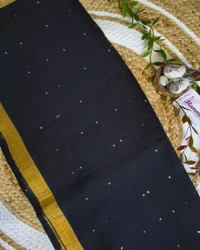 120s Linen by Linen Saree with Hand Woven Sequins - Black