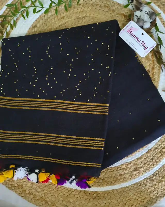 120s Linen by Linen Saree with Hand Woven Sequins - Black