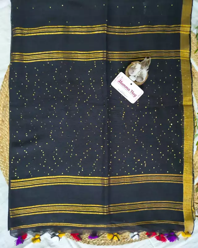 120s Linen by Linen Saree with Hand Woven Sequins - Black