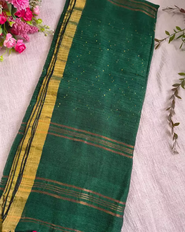 120s Linen by Linen Saree with Hand Woven Sequins - Bottle Green