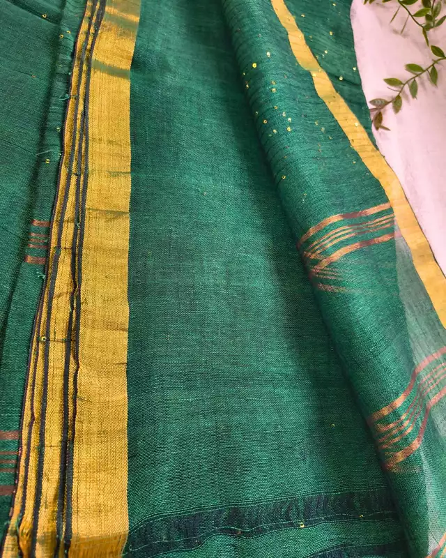 120s Linen by Linen Saree with Hand Woven Sequins - Bottle Green