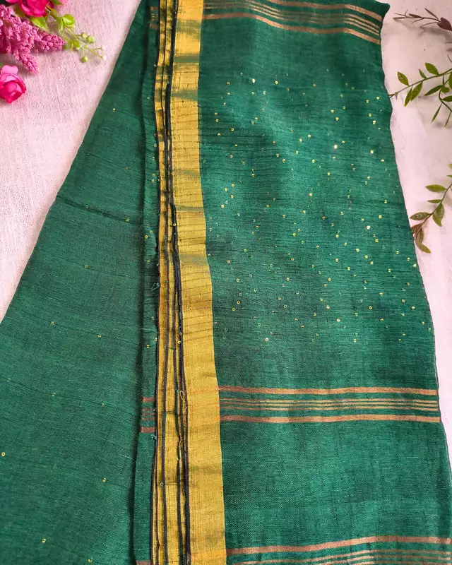 120s Linen by Linen Saree with Hand Woven Sequins - Bottle Green