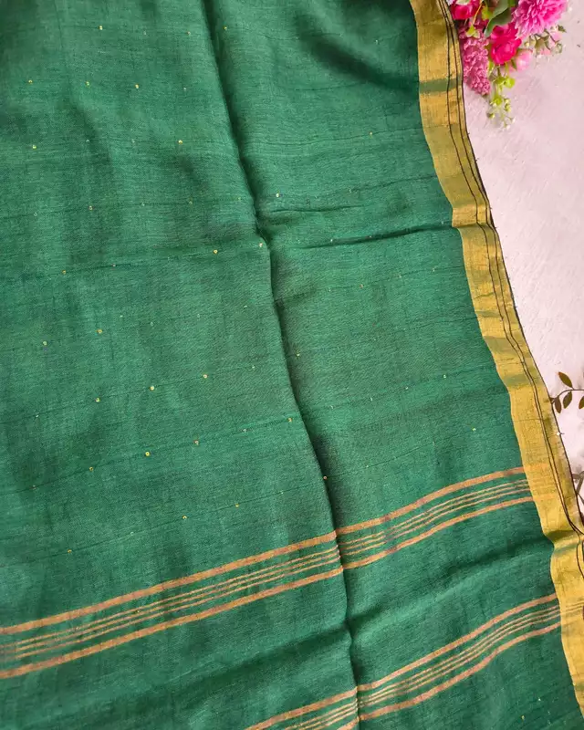120s Linen by Linen Saree with Hand Woven Sequins - Bottle Green