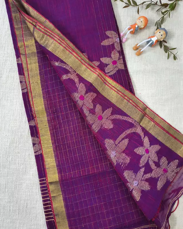 Linen By Linen Handloom Saree Floral Jamdhani Weaving - Purple