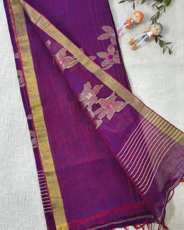 Linen By Linen Handloom Saree Floral Jamdhani Weaving - Purple