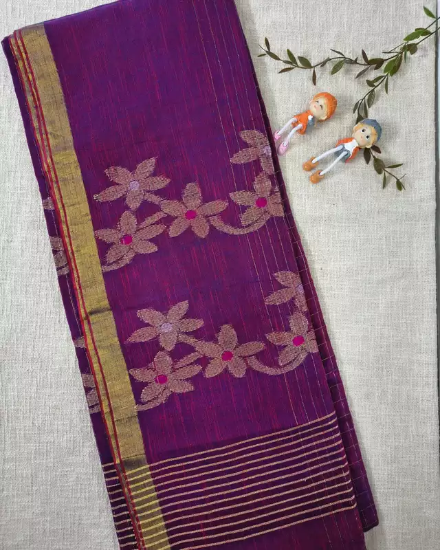 Linen By Linen Handloom Saree Floral Jamdhani Weaving - Purple