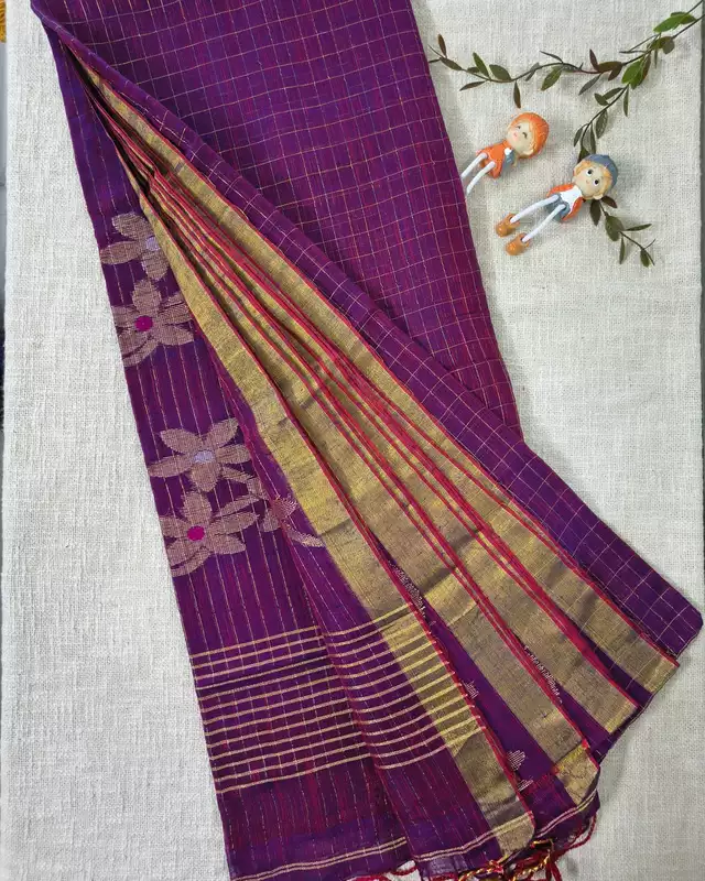 Linen By Linen Handloom Saree Floral Jamdhani Weaving - Purple