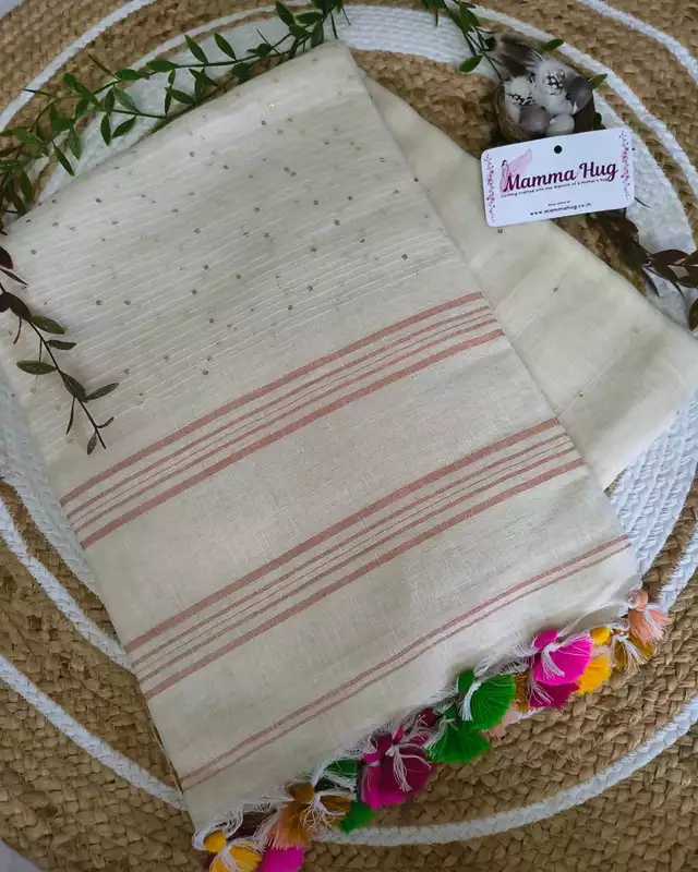 120s Linen by Linen Saree with Hand Woven Sequins - White