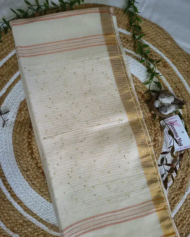 120s Linen by Linen Saree with Hand Woven Sequins - White