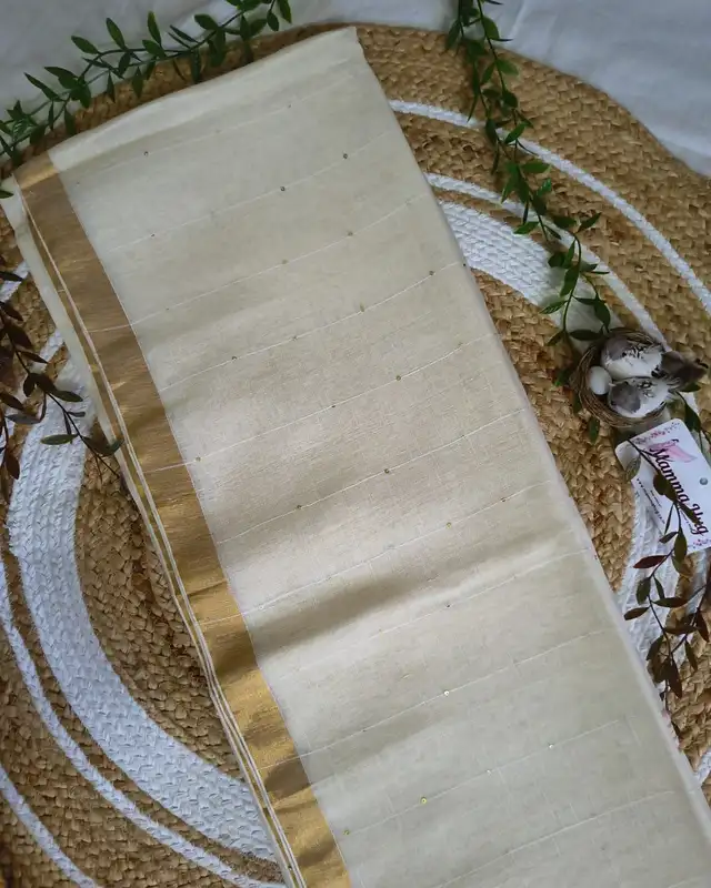 120s Linen by Linen Saree with Hand Woven Sequins - White