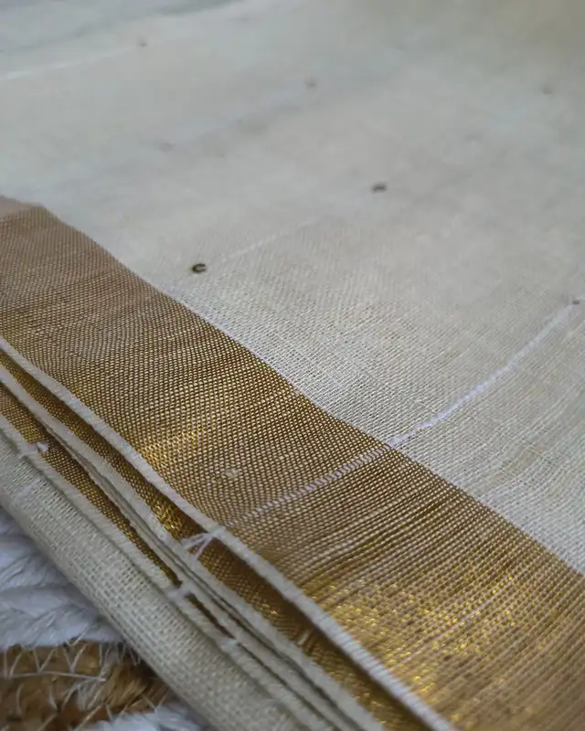 120s Linen by Linen Saree with Hand Woven Sequins - White