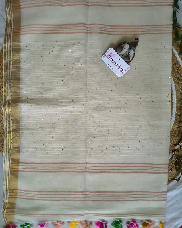 120s Linen by Linen Saree with Hand Woven Sequins - White