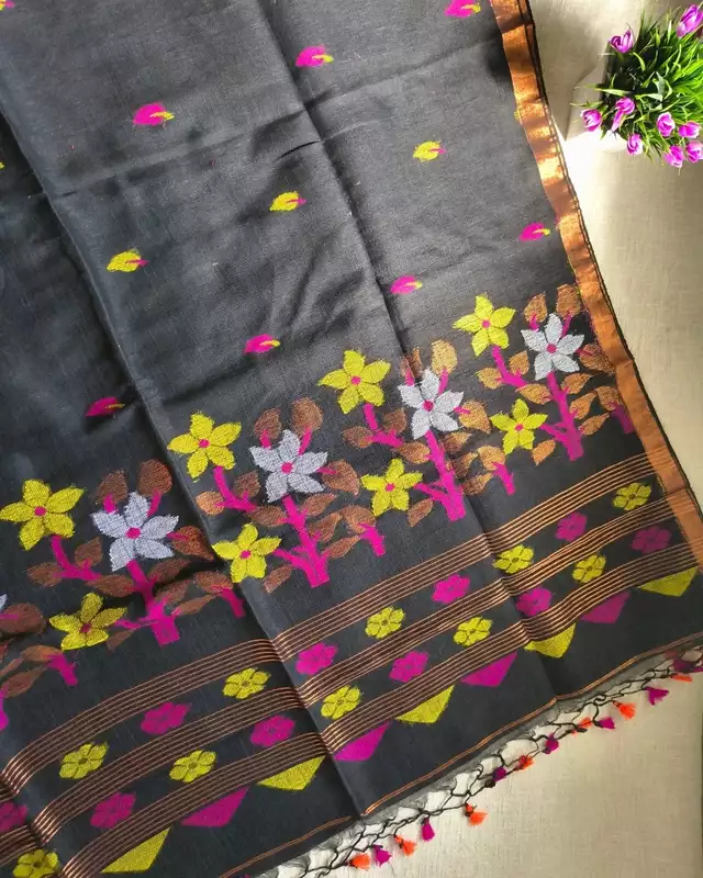 Linen By Linen Handloom Saree with Jamdhani Buttas - Black