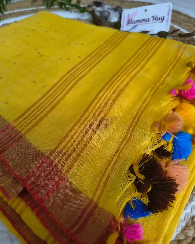 120s Linen by Linen Saree with Hand Woven Sequins - Yellow