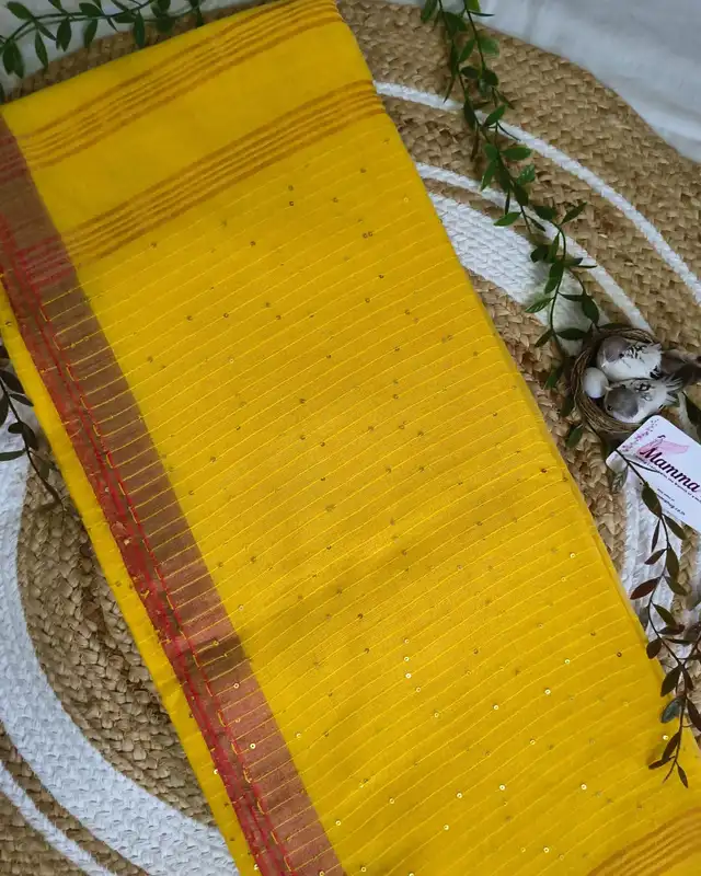 120s Linen by Linen Saree with Hand Woven Sequins - Yellow