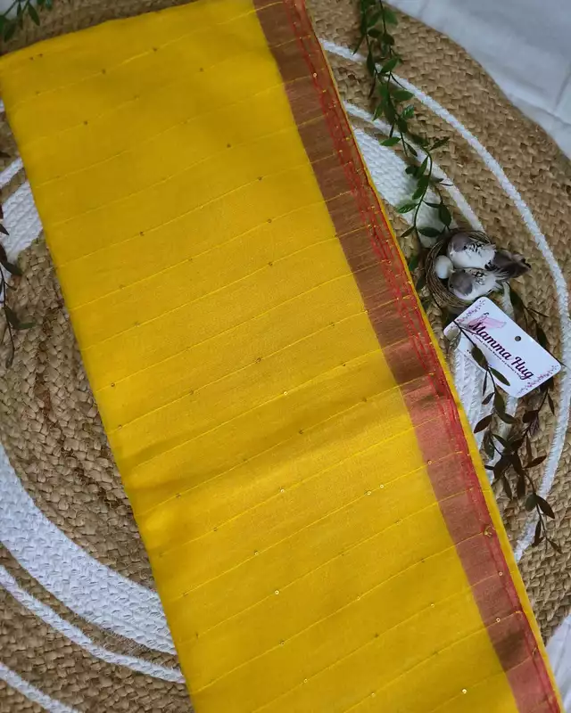 120s Linen by Linen Saree with Hand Woven Sequins - Yellow