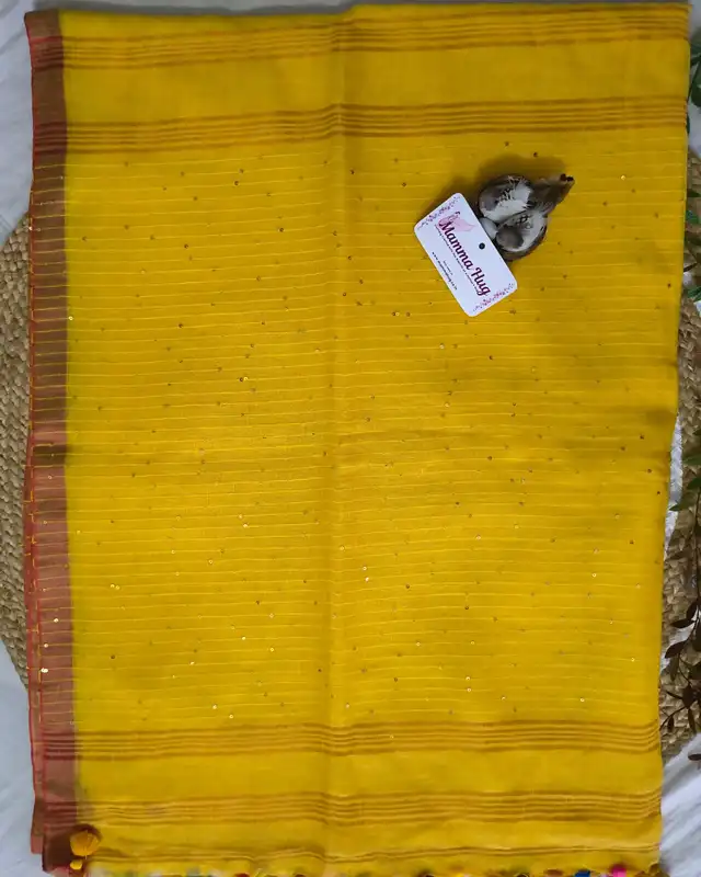 120s Linen by Linen Saree with Hand Woven Sequins - Yellow