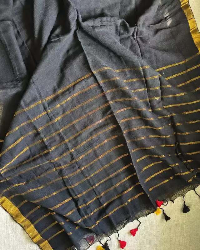 Pure Linen Handloom Saree Plain - Black