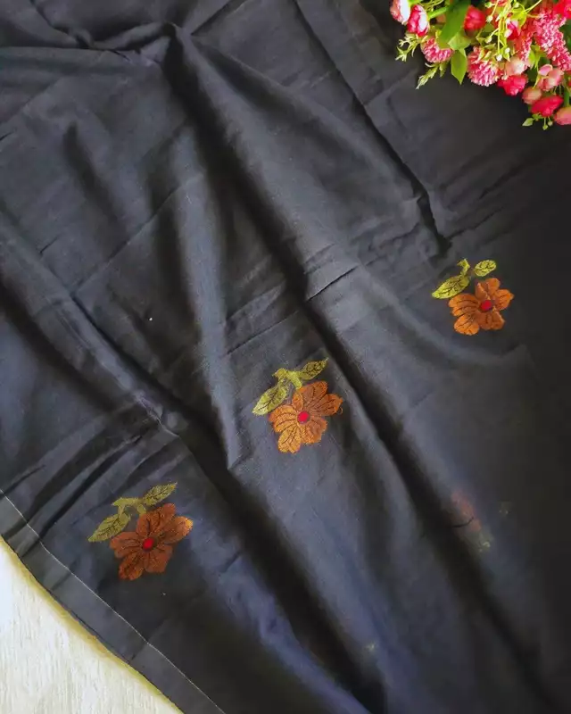 Pure Linen Handloom Saree with Copper Buttas - Black