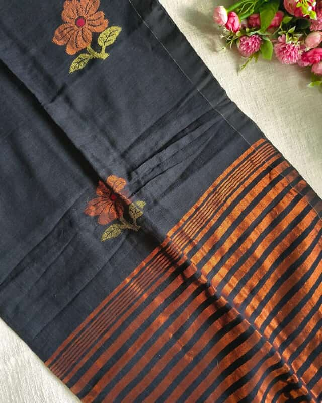 Pure Linen Handloom Saree with Copper Buttas - Black