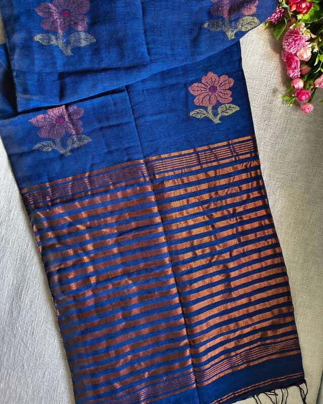Pure Linen Handloom Saree with Copper Buttas - Blue