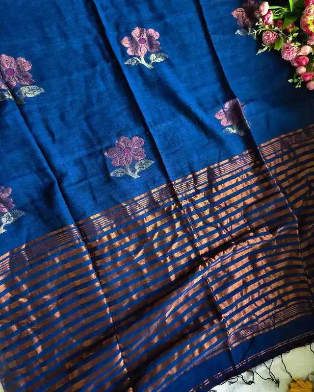 Pure Linen Handloom Saree with Copper Buttas - Blue