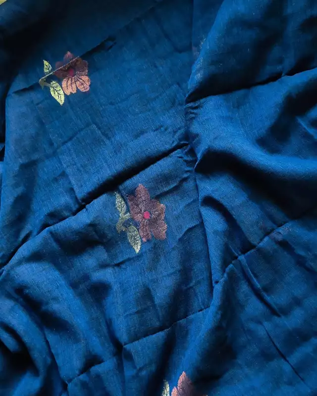 Pure Linen Handloom Saree with Copper Buttas - Blue