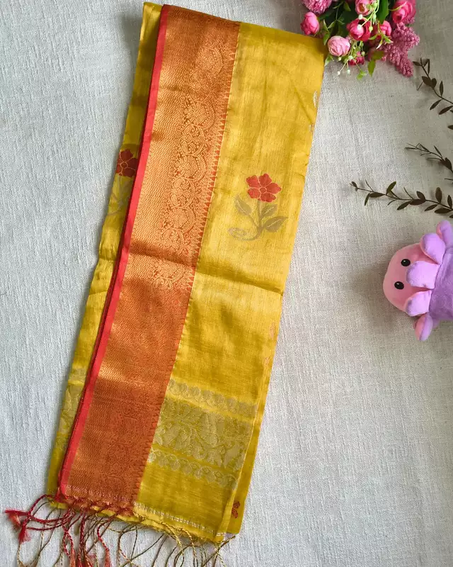 Handloom Metallic Tissue Linen with Jamdhani Weaving Buttas - Mustard Yellow