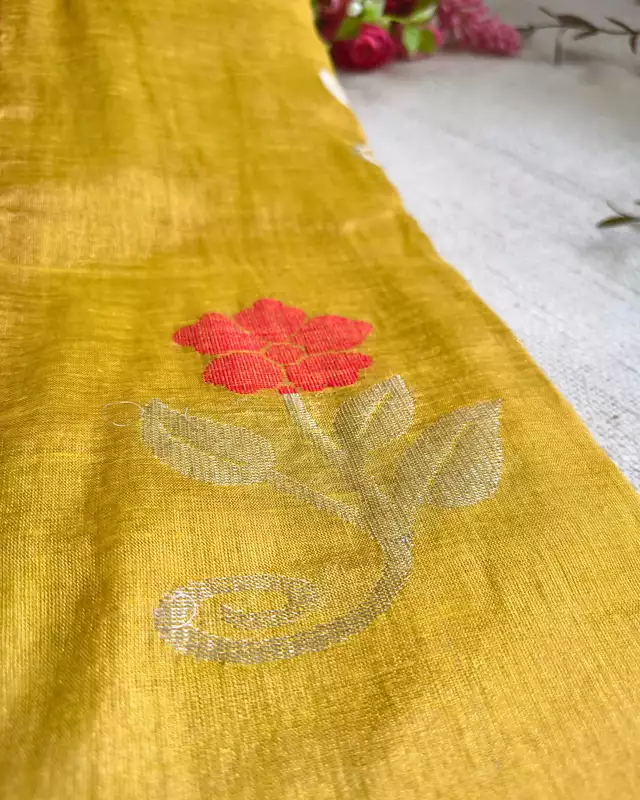 Handloom Metallic Tissue Linen with Jamdhani Weaving Buttas - Mustard Yellow