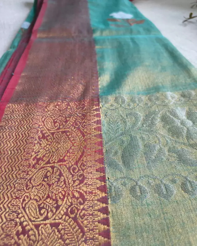 Handloom Metallic Tissue Linen with Jamdhani Weaving Buttas - Sage Green