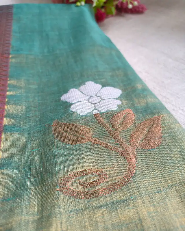 Handloom Metallic Tissue Linen with Jamdhani Weaving Buttas - Sage Green