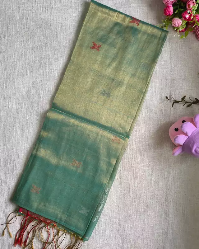 Handloom Metallic Tissue Linen with Jamdhani Weaving Buttas - Sage Green