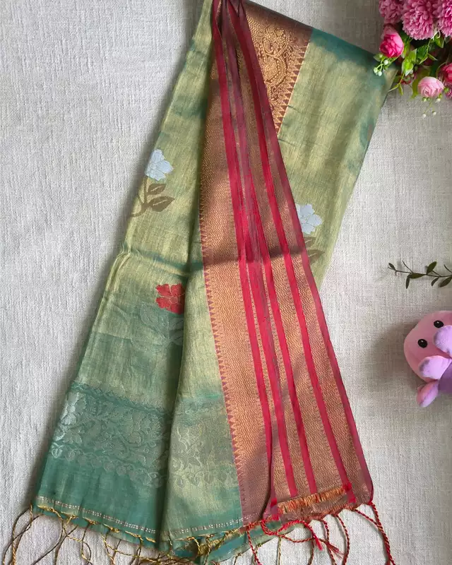 Handloom Metallic Tissue Linen with Jamdhani Weaving Buttas - Sage Green